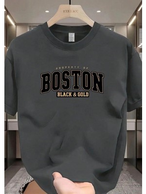 Punix Büyük Beden Özel Seri Boston Göğüs Baskılı %100 Pamuk Yeni Stil Battal Erkek T-Shirt