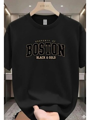 Punix Büyük Beden Özel Seri Boston Göğüs Baskılı %100 Pamuk Yeni Stil Battal Erkek T-Shirt