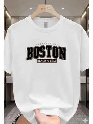 Punix Büyük Beden Özel Seri Boston Göğüs Baskılı %100 Pamuk Yeni Stil Battal Erkek T-Shirt
