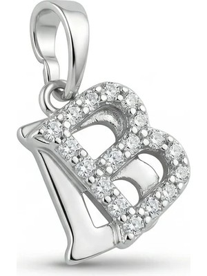 Zeino B Harfi Zirkon Taş Detaylı Kolye Ucu - Gümüş Rengi Kaplama, 1,8 cm