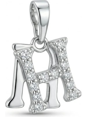 Zeino H Harfi Çift Şerit Zirkon Taşlı Kolye Ucu - Gümüş Rengi Kaplama, 1,8 cm