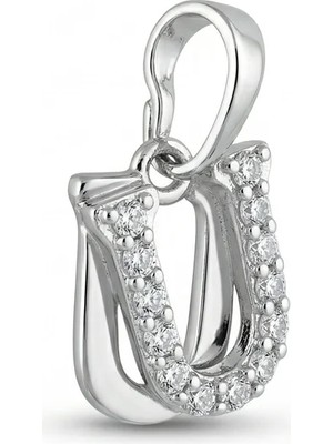 Zeino U Harfi Zirkon Taş Detaylı Kolye Ucu - Gümüş Rengi Kaplama, 1,8 cm