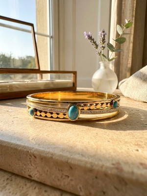 Meneva Aksesuar Turkuaz ve Zirkon Taş Detaylı Altın Gold Renk Paslanmaz Çelik Kelepçe