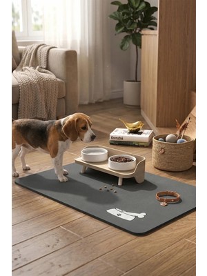 MatGo Pati Su Geçirmez Kaymaz Gri Kedi Köpek Mama Paspası 50x70 cm Kemik Figürlü Şık Tasarım