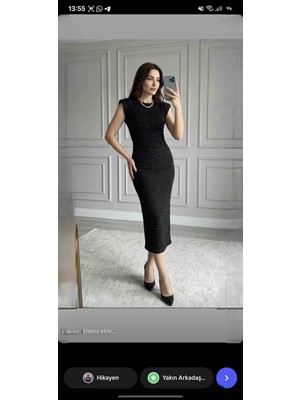 Yaba Taş Detaylı Bisiklet Yaka Yırtmaçlı Midi Elbise