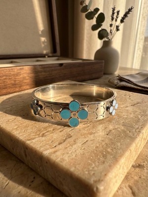 Meneva Aksesuar Petek Dokulu Turkuaz Yonca Gümüş Silver Renk Paslanmaz Çelik Kelepçe