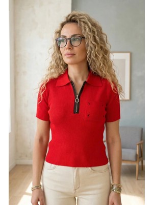 Fermuar Detaylı Triko Tişört - Cepli ve Polo Yaka Bluz - Kırmızı
