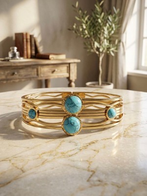 Meneva Aksesuar Dörtlü Turkuaz Taşlı Kafes Tasarım Altın Gold Renk Paslanmaz Çelik Kelepçe