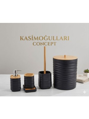 Aaa Kasımoğulları Concept 5 Parça Lüks Banyo Seti -Akrilik & Bambu Detaylı - Büyük Boy Çöp Kovalı