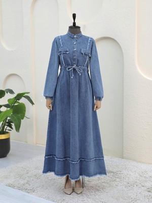 Modamorfo Eteği Püsküllü Tünel Bağcıklı Kot Elbise -Buz Mavi