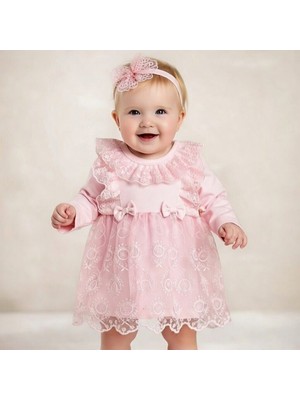 Miniborn Kız Bebek Dantelli Tüllü Elbise %100 Pamuk Uzun Kollu