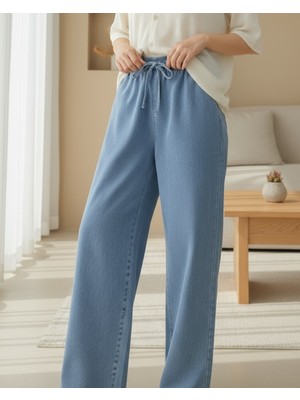 Moda Morfo Bol Paça Beli Lastikli Bağcık Detaylı Kot Pantolon       -Mavi