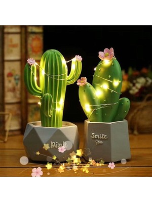 TKÇ  LED Işıklı Sevimli Kaktüs Dekoratif Masa Lambası Mini Biblo Gece Lambası Yeşil