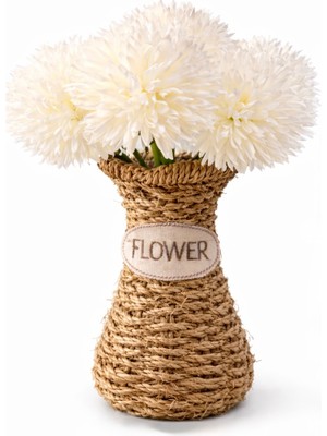 Aşkana El Yapımı Vintage Tasarım Doğal Hasır Vazo,18 Cm,dekoratif Flower Yazılı Bohem Rattan Saksı,çiçeklik