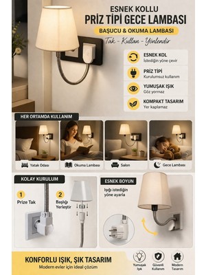 deyhome Esnek Kollu Priz Tipi Gece Lambası – Başucu & Okuma Abajuru, E14 Duy, Dekoratif Duvar Lambası