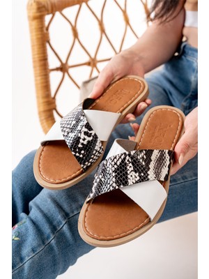 Zerenyus ZRİN-076 Premium Beyaz Ortopedik Taban Hakiki Deri Kadın Terlik