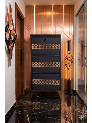 Moemi 3'lü Antrasit Metal Ayakkabılık Pleksi Petek Geometri Desenli Gold Ayakkabılık(Kilitli)