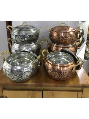 Maraş Bakırcılık - El Işçiliği 3'lü Dövme Bakır Güveç Tencere Takımı - (2l + 3l + 4l) - Içi Kalaylı Oyma Işlemeli
