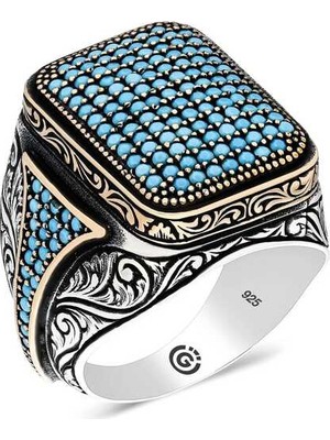 Fm 💎 Premium 925 Ayar Ithal Gümüş Turkuaz Zirkon Taşlı Kare Erkek Yüzük - 30 Ölçü