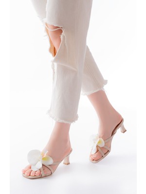 Zerenyus ZRİN-622 Premium Bej Orkide Detaylı Ince Topuklu Kadın Terlik