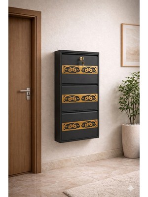 Moemi 3'lü Antrasit Metal Ayakkabılık Pleksi Desenli 2byk Gold Ayakkabılık(Kilitli)