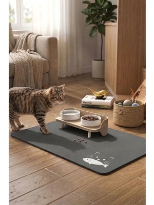 MAtGo Pati Evcil Hayvan Beslenme Matı Balık Figürlü Su Geçirmez Kaymaz Gri Kedi Köpek Mama Paspası 50x70cm