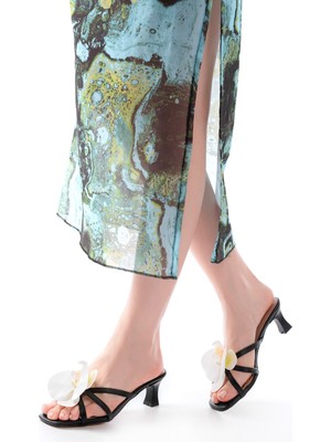 Zerenyus ZRİN-622 Premium Siyah Orkide Detaylı Ince Topuklu Kadın Terlik