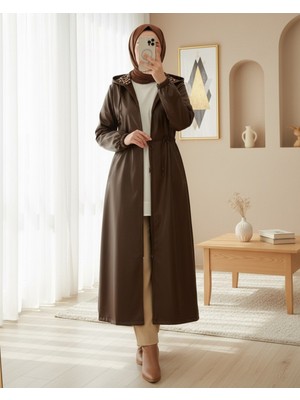 Modamorfo Tünel Bağcıklı Kapşonlu Uzun Deri Kap  -Kahve