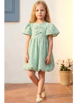 Minipodyum Kız Çocuk Pötikare Desenli Tokalı Yazlık Balon Elbise