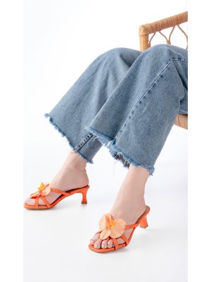 Zerenyus ZRİN-622 Premium Turuncu Orkide Detaylı Ince Topuklu Kadın Terlik