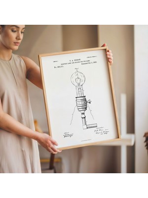 Pegziz Thomas Edison Ampul Patent Çizimi Çerçeveli Tablo