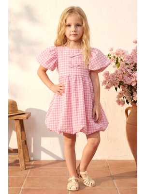 Minipodyum Kız Çocuk Pötikare Desenli Tokalı Yazlık Balon Elbise