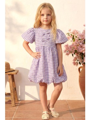 Minipodyum Kız Çocuk Pötikare Desenli Tokalı Yazlık Balon Elbise