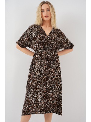 Trend Cojans Desenli Kısa Kol Elbise 2569 - C. Kahverengi