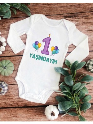 Hediyenza 1 Yaşındayım Baskılı Uzun Kollu Pamuklu Bebek Body & Zıbın