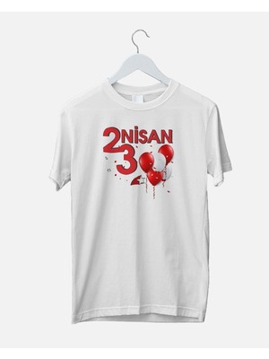 Hediyenza 23 Nisan Çocuk Bayramı Kırmızı Balonlar  Tasarım Yetişkin Unisex Beyaz T-Shirt