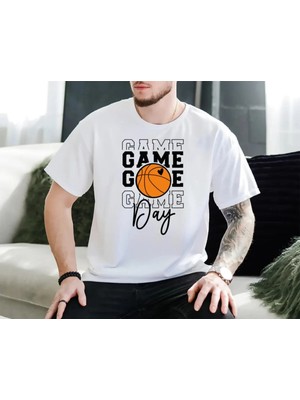 Hediyenza Basketball Game Day Shirt, Basketball Shirt Baskılı Bisiklet Yaka Beyaz Unisex Basic Tişört T-Shirt