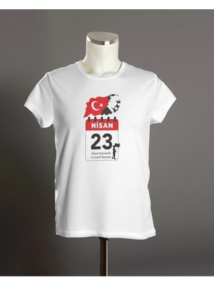 Hediyenza 23 Nisan Bayram Takvimi Atatürk T-Shirt , Çocuk Bayramı Baskılı Çocuk Kısa Kollu Beyaz T-Shirt