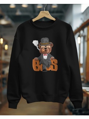 Hediyenza Boss Teddy Bear Sweatshirt Unisex Yetişkin 3 Iplik Kalın Kumaş
