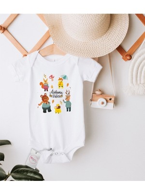Hediyenza Sonbahar Sevimli Hayvanlar Autumn Vibes Baskılı Pamuklu Bebek Body Zıbın