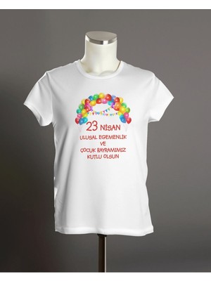 Hediyenza 23 Nisan Çocuk Bayramı Kutlu Olsun Renkli Balonlar Unisex Çocuk Kısa Kollu T-Shirt
