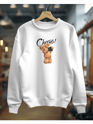 Hediyenza Teddy Bear Cheese ! Baskılı Oversize Bisiklet Yaka Sweatshirt Unisex Yetişkin 3 Iplik Kalın Kumaş