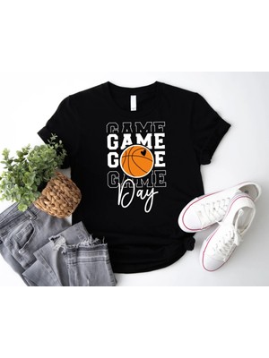 Hediyenza Basketball Game Day Shirt, Basketball Shirt Baskılı Bisiklet Yaka Beyaz Unisex Basic Tişört T-Shirt
