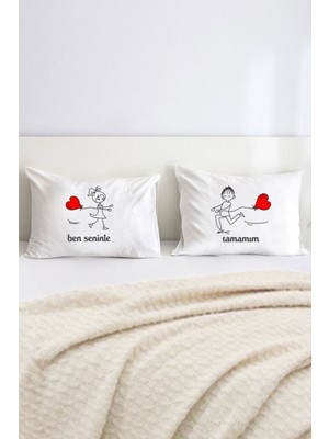 Hediyenza Ben Seninle Tamamım Aşk Baskılı Yazılı Çift Kişilik Dekoratif Yastık Kılıfı 50X70 cm - Beyaz