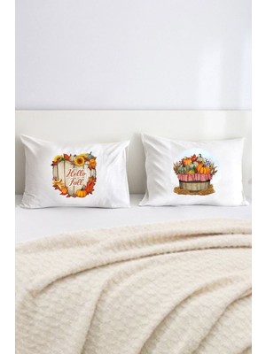Hediyenza Hello Autumn - Fall - Pumpkin - Sonbahar Çift Kişilik Dekoratif Yastık Kılıfı 50X70 cm - Beyaz