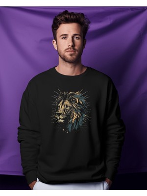 Hediyenza Lion Aslan Vektörel Çizim Sweatshirt Unisex Yetişkin 3 Iplik Kalın Kumaş