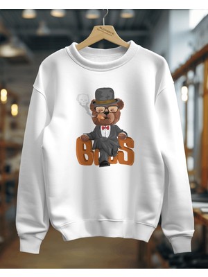 Hediyenza Boss Teddy Bear Sweatshirt Unisex Yetişkin 3 Iplik Kalın Kumaş