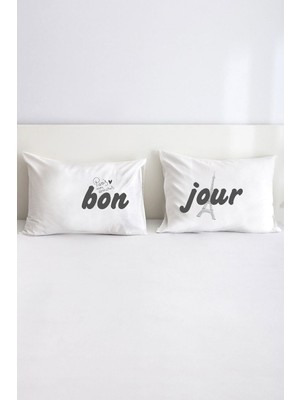 Hediyenza Bonjour Paris Çift Kişilik Dekoratif Yastık Kılıfı 50X70 cm - Beyaz