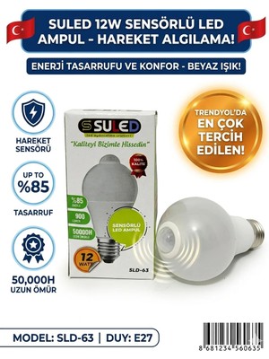 Suled Sensörlü LED Ampul 12 Watt E27 Duy Beyaz Işık Akıllı Hareket Sensörlü Tasarruflu Ampul