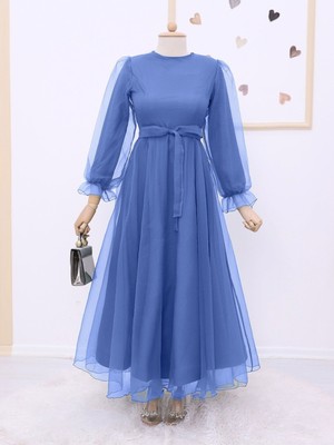 Modamorfo Kabarık Kol ve Etekli Kuşaklı Tül Abiye   -Mavi
